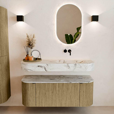 MONDIAZ THOR-DLUX 120cm meuble de salle de bains arrondi gauche + droite couleur Dusk avec 1 tiroir et 2 portes. Vasque suspendue CLOUD droite sans trou de robinet couleur Glace.