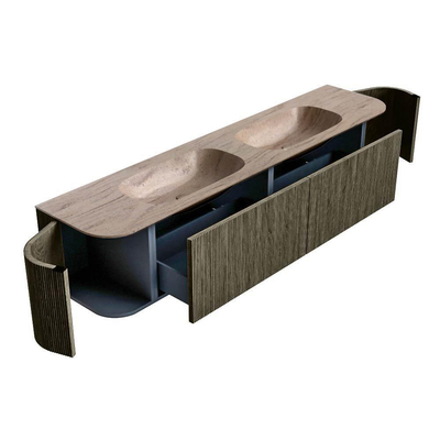 MONDIAZ KURVE-DLUX Meuble de salle de bains 200cm arrondi Gauche + Droite couleur Shadow avec 2 tiroirs et 2 portes. Lavabo STOR SMALL Double 2 trous de robinet Saba.