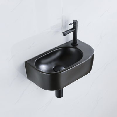 QeramiQ Fuente fonteinset – halfrond – 40x21.5x12 cm – keramiek zwart mat – kraangat rechts – mat zwarte kraan