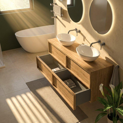 Saniclass Holz Frame Ensemble de meubles de salle de bains - 160x45x62cm - plan de travail en bois - sans trou de robinet - 4 tiroirs - chêne natural mat (bois)