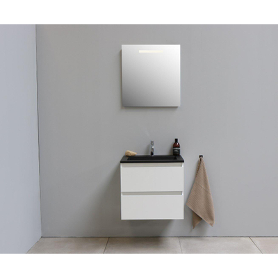 Basic Bella Badkamermeubelset - 60x55x46cm - 1 wasbak - Acryl - Zwart - 1 kraangat - Wandspiegel met verlichting - Spaanplaat Wit hoogglans