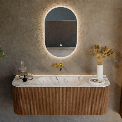 MONDIAZ KURVE-DLUX 130cm Meuble salle de bain avec module 25 G et D - couleur Walnut - 1 tiroir - 2 portes - vasque BIG SMALL centre - sans trou de robinet - couleur Glace