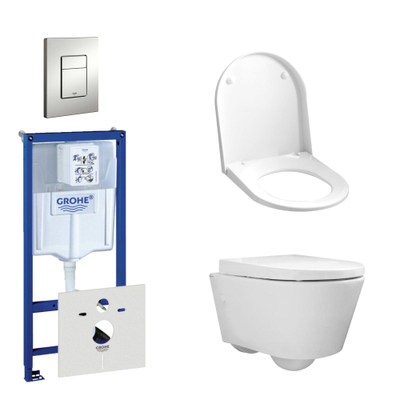 QeramiQ Salina Compact Pack WC avec réservoir encastrable, cuvette toilette compact suspendue, abattant et plaque de commande verticale/horizontale chrome mat