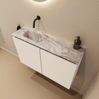 MONDIAZ TURE-DLUX Meuble toilette - 80cm - Talc - EDEN - vasque Glace - position gauche - sans trou de robinet