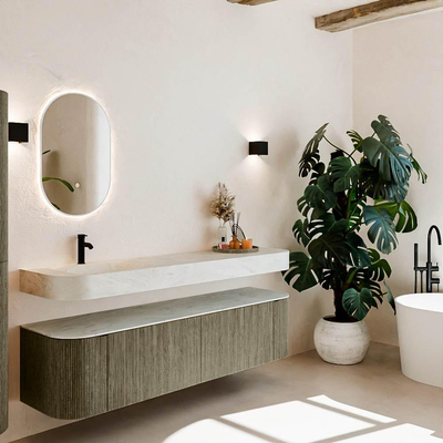 MONDIAZ THOR-DLUX Meuble de salle de bains - 180cm - arrondi gauche + droite - couleur Shadow - 2 tiroirs - 2 portes - Vasque suspendue CLOUD Gauche 1 trou de robinet - couleur Opalo