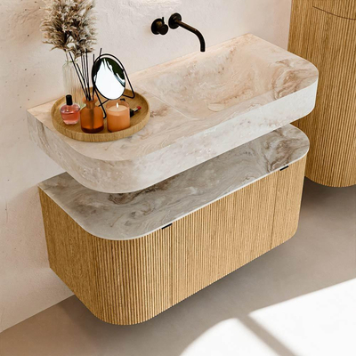 MONDIAZ THOR-DLUX 100cm meuble de salle de bains arrondi gauche + droite couleur Oak avec 1 tiroir et 2 portes. Vasque suspendue CLOUD droite sans trou de robinet couleur Frappe.