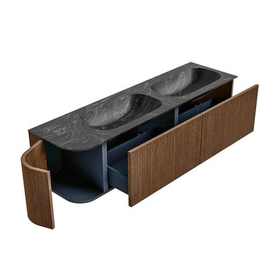 MONDIAZ KURVE-DLUX 165cm Meuble salle de bain avec module 25 G - couleur Walnut - 2 tiroirs - 1 porte - vasque STOR SMALL double / droite - 2 trous de robinet - couleur Lava