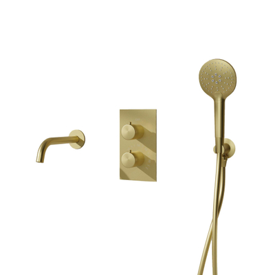 Fortifura Calvi Ensemble de robinet de baignoire - bec - 22cm réductible - flexible lisse - douchette ronde - partie encastrable - support mural - laiton brossé