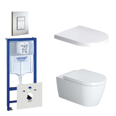 Duravit ME by Starck Pack WC avec réservoir encastrable, cuvette murale compact à fond creux avec abattant frein de chute et plaque de commande vertical/horizontal inox