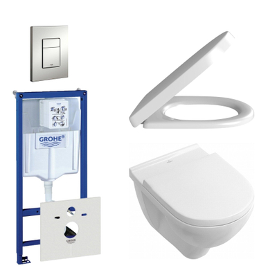 Villeroy en Boch O.Novo toiletset bestaande uit inbouwreservoir, diepspoel compact wandcloset met softclose en quick release toiletzitting en bedieningsplaat verticaal/horizontaal mat chroom