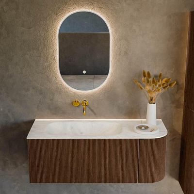 MONDIAZ KURVE-DLUX Meuble de salle de bains 115 cm avec module 25 R couleur Walnut avec 1 tiroir et 1 porte. Vasque BIG SMALL gauche sans trou de robinet couleur Opalo.