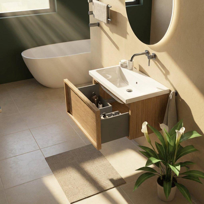 Saniclass Holz Frame Ensemble meuble de salle de bains - 80x45x43.5cm - lavabo en céramique Bari blanc - 1 vasque - sans trou de robinetterie - 1 tiroir - chêne naturel mat (bois)