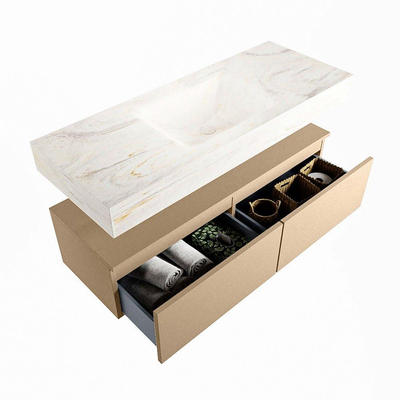 Mondiaz ALAN-DLUX Ensemble de meuble - 120cm - meuble Oro mat - 2 tiroirs - Lavabo Cloud Ostra suspendu - vasque Centre - 0 trous de robinet