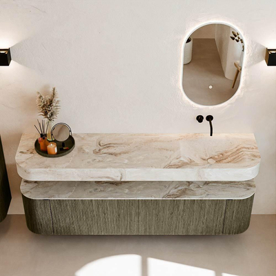 MONDIAZ THOR-DLUX Meuble de salle de bains - 190cm - arrondi gauche + droite - couleur Shadow - 2 tiroirs et 2 portes - Vasque suspendue CLOUD Droite sans trou de robinet couleur Frappe