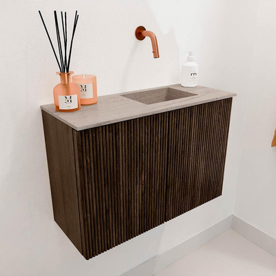 Mondiaz JOYA-DLUX 60cm toiletmeubel - kleur Walnut - Wastafel FAYE positie Rechts Zonder kraangat kleur Saba.