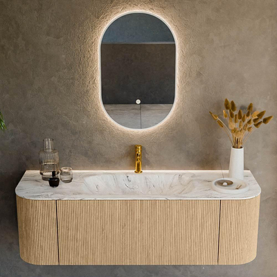 MONDIAZ KURVE-DLUX 140cm Meuble salle de bain avec module 25 G et D - couleur Oak - 1 tiroir - 2 portes - vasque BIG SMALL centre - 1 trou de robinet - couleur Glace