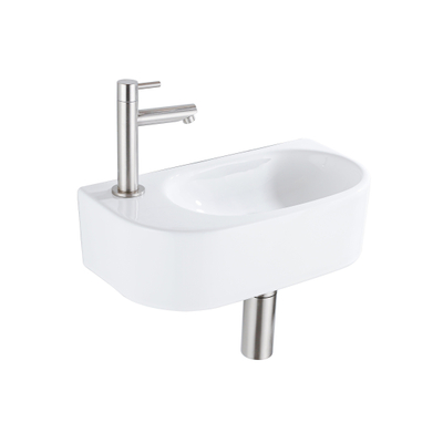 QeramiQ Fuente Ensemble de lavabo - 40x21.5x12cm - gauche - lisse - demi-rond - 1 trou de robinet - céramique - robinet de lavabo en acier inoxydable brossé - bouchon de vidange - siphon réduit - blanc brillant