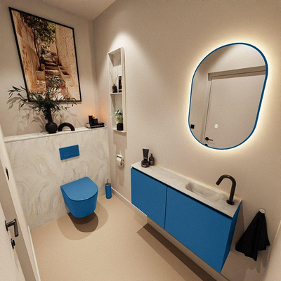 MONDIAZ TURE-DLUX Meuble toilette - 100cm - Jeans - EDEN - vasque Ostra - position droite - 1 trou de robinet