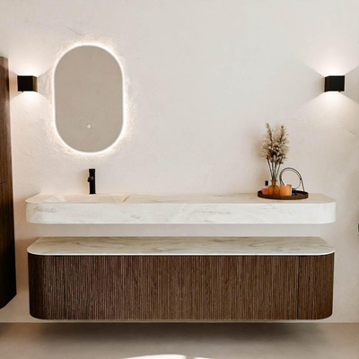 MONDIAZ THOR-DLUX Meuble de salle de bains 190cm arrondi gauche + droite couleur Walnut avec 2 tiroirs et 2 portes. Vasque suspendue CLOUD Gauche 1 trou de robinet couleur Ostra.