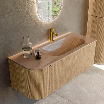 MONDIAZ KURVE-DLUX 115cm badmeubel ronding Links kleur Oak met 1 lade en 1 deur. Wastafel BIG SMALL Rechts 1 kraangat Saba.