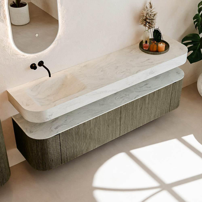 MONDIAZ THOR-DLUX Meuble de salle de bains 190cm arrondi gauche + droite couleur Shadow avec 2 tiroirs et 2 portes. Vasque suspendue CLOUD Gauche sans trou de robinet couleur Opalo.