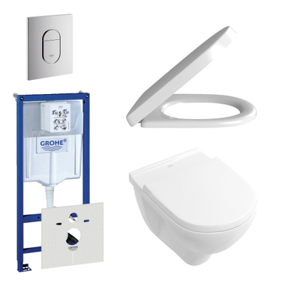 Villeroy & Boch O.novo DirectFlush Pack WC avec réservoir encastrable, WC murale avec abattant frein de chute et déclipsable, plaque de commande verticale chrome