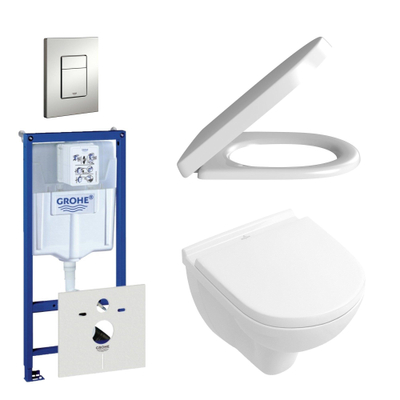 Villeroy & Boch O.novo Compact DirectFlush Pack WC avec réservoir encastrable, WC murale avec abattant frein de chute et déclipsable, plaque de commande verticale/horizontale chrome mat