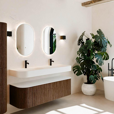 MONDIAZ THOR 150cm meuble de salle de bains arrondi gauche + droite couleur Walnut avec 1 tiroir et 2 portes. Vasque suspendue CLOUD Double 2 trous de robinet couleur Talc.