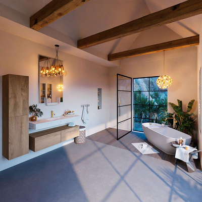 Mondiaz ALAN-DLUX Ensemble de meuble - 130cm - meuble Washed Oak mat - 2 tiroirs - Lavabo Cloud Opalo suspendu - vasque Centre - 1 trou de robinet