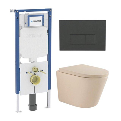 QeramiQ Dely Toiletset - 36.3x51.7cm - diepspoel - rimless - Geberit UP720 inbouwreservoir - softclose toilet zitting 35 mm - bedieningsplaat antraciet mat - rechthoekige knoppen - mat beige