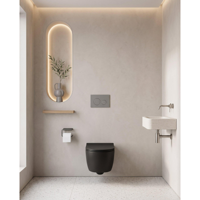 QeramiQ Dely Swirl Toiletset - 36.3x51.7cm - Geberit UP320 inbouwreservoir - met Burda frame - 35mm zitting - bedieningsplaat licht grijs - ronde knoppen - mat zwart