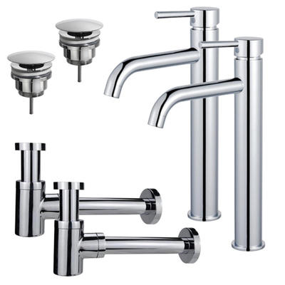 FugaFlow Eccelente Sobrado Badkamer Wastafelkraanset - voor dubbele wastafel - verhoogde wastafelkraan - always open plug - verlaagde design sifon - Chroom