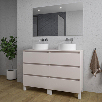 Saniclass Chaci PLUS Ensemble meuble de salle de bains - 120x86x46cm - vasque à poser - plan de toilette - 6 tiroirs - miroir rectangulaire - cotton mat (beige)