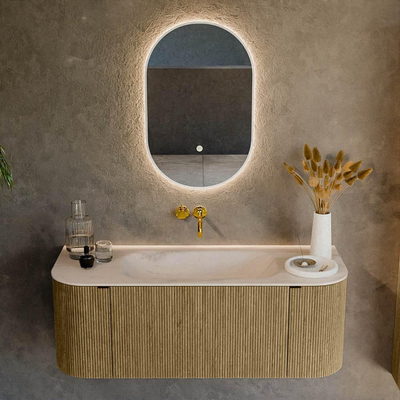 MONDIAZ KURVE-DLUX Meuble de salle de bains 120cm arrondi gauche + droite couleur Dusk avec 1 tiroir et 2 portes. Lavabo BIG SMALL Centre sans trou de robinet Meli.