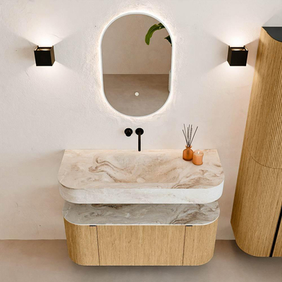 MONDIAZ THOR-DLUX 110cm badmeubel ronding links + rechts kleur Oak met 1 lade en 2 deuren. Vrijhangende wastafel CLOUD Midden zonder kraangat kleur Frappe.