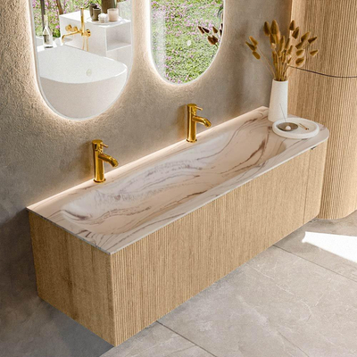 MONDIAZ KURVE-DLUX 145cm badmeubel ronding Rechts kleur Oak met 1 lade en 1 deur. Wastafel BIG LARGE Links 2 kraangaten Nata.