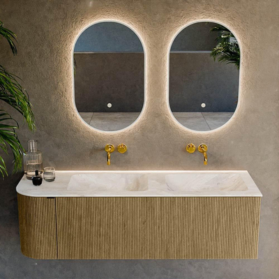 Mondiaz KURVE-DLUX Ensemble de meubles de salle de bains - 145x46x40cm - 1 tiroir - 1 porte - lavabo solid surface - double / droit - sans trou de robinet - Dusk