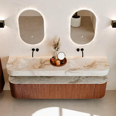 MONDIAZ THOR-DLUX Meuble de salle de bains 190cm arrondi gauche + droite couleur Ruby avec 2 tiroirs et 2 portes. Vasque suspendue CLOUD Double sans trou de robinet couleur Frappe.