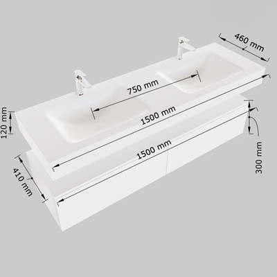 Mondiaz ALAN-DLUX Ensemble de meuble de salle de bains - 150x46cm - 2 tiroirs - lavabo suspendu - sans trous de robinet - 2 double - Dark brown (chêne foncé)