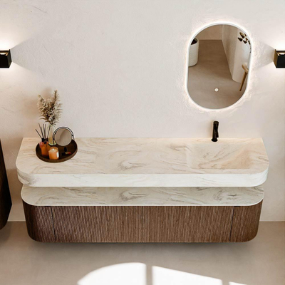 MONDIAZ THOR-DLUX Meuble de salle de bains 190cm arrondi gauche + droite couleur Walnut avec 2 tiroirs et 2 portes. Vasque suspendue CLOUD Droite 1 trou de robinet couleur Ostra.