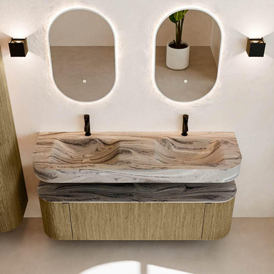 MONDIAZ THOR-DLUX 150cm meuble de salle de bains arrondi gauche + droite couleur Dusk avec 1 tiroir et 2 portes. Vasque suspendue CLOUD Double 2 trous de robinet couleur Sombra.