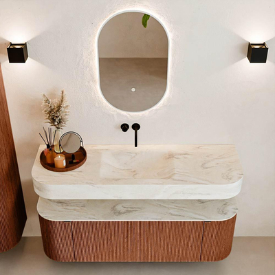 MONDIAZ THOR-DLUX 140cm meuble de salle de bains arrondi gauche + droite couleur Ruby avec 1 tiroir et 2 portes. Vasque suspendue CLOUD Milieu sans trou de robinet couleur Ostra.