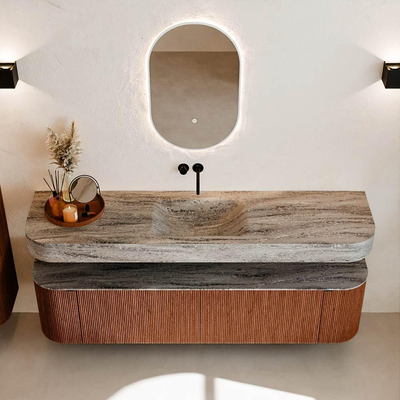 MONDIAZ THOR-DLUX 180cm meuble de salle de bains arrondi gauche + droite couleur Ruby avec 2 tiroirs et 2 portes. Vasque suspendue CLOUD Centre sans trou de robinet couleur Oza.