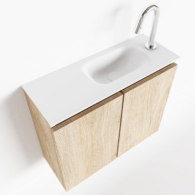 MONDIAZ TURE Kit lave-mains - 60x23x50cm - 1 trou de robinet - 2 portes - chêne blanchi mat - Lavabo à droite - Solid Surface Blanc