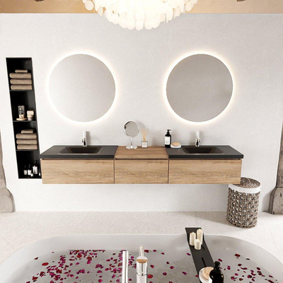 MONDIAZ BUKLA 220cm ensemble de meuble avec module 60 couleur Chêne blanchi avec 3 tiroirs. Lavabo CLOUD double 2 trous de robinet couleur Urbaine.