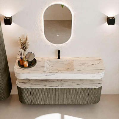 MONDIAZ THOR-DLUX 150cm meuble de salle de bains arrondi gauche + droite couleur Shadow avec 1 tiroir et 2 portes. Vasque suspendue CLOUD Milieu 1 trou de robinet couleur Nata.