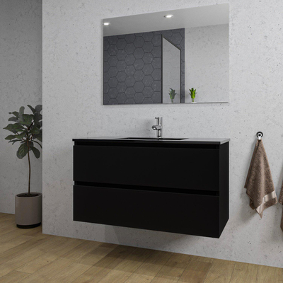Saniclass Chaci Meuble de salle de bain - 100x46x55cm - lavabo en céramique noir - 1 vasque - 1 trou de robinet - 2 tiroirs - miroir rectangulaire - noir mat