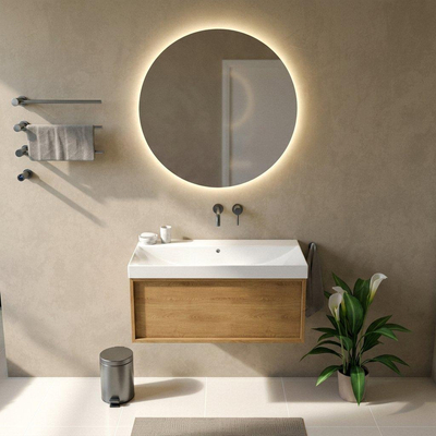 Saniclass Holz Frame Ensemble de meubles de salle de bains - 100x45x47.5cm - lavabo Wave en céramique - 1 vasque - sans trou de robinetterie - 1 tiroir - chêne naturel mat (bois)