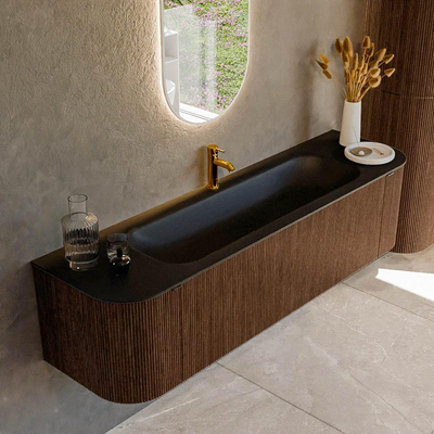 MONDIAZ KURVE 170cm badmeubel met module 25 Len R kleur Walnut met 1 lade en 2 deuren. Wastafel BIG LARGE midden 1 kraangat Urban.