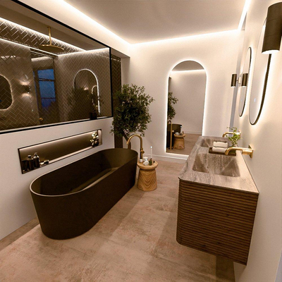 Mondiaz CIRO-DLUX Meuble de salle de bains - 160x45x50cm - plan-vasque Solid surface Oza - 2 bassins Double - sans trous de robinetterie - 4 tiroirs - Dusk
